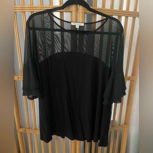 Green Envelope Black top, partly sheer, flounce sleeve